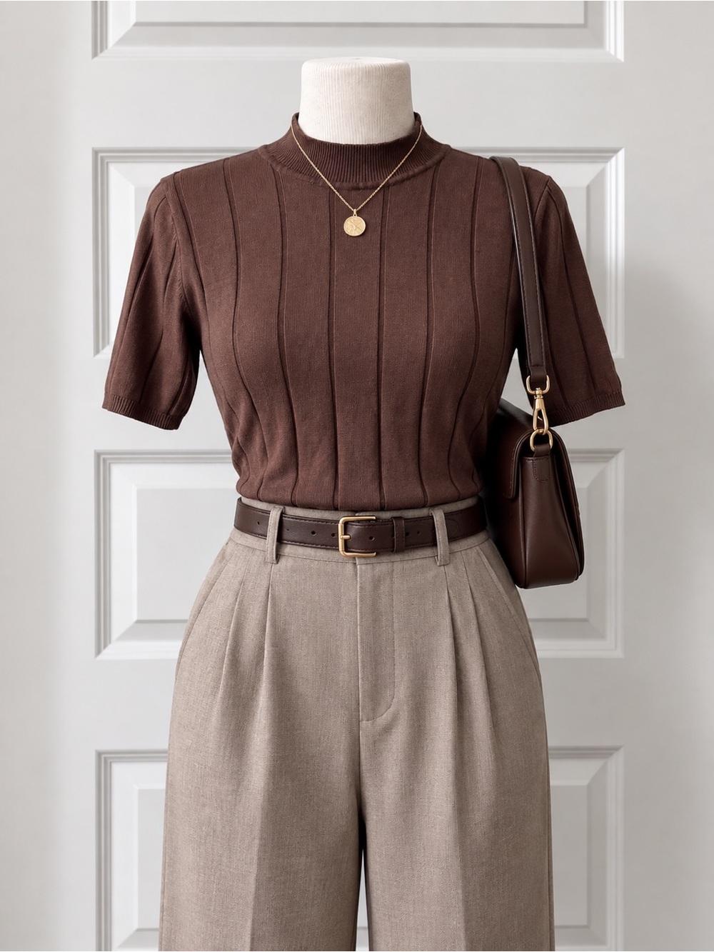 Vintage Amanda Smith Brown Silk Blend Ribbed Mock Neck Short Sleeve Knit Top
